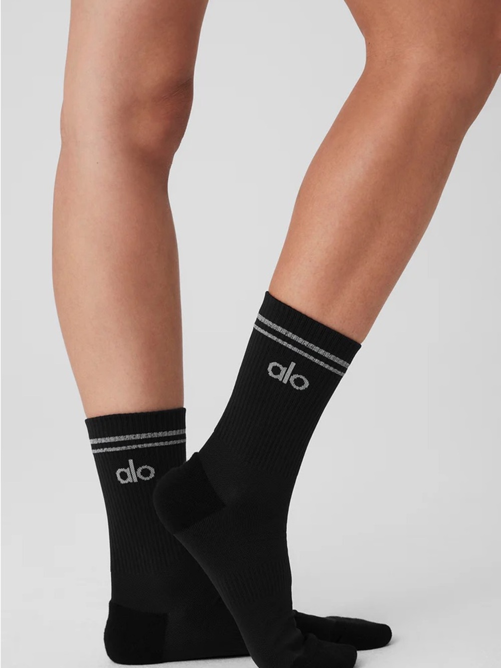 Unisex M ALO Yoga Black Crew Socks with Gray Logo & Stripe NWT